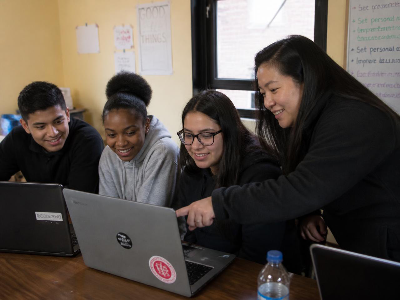 A mentor helping a small group of students learn computer skills on laptops